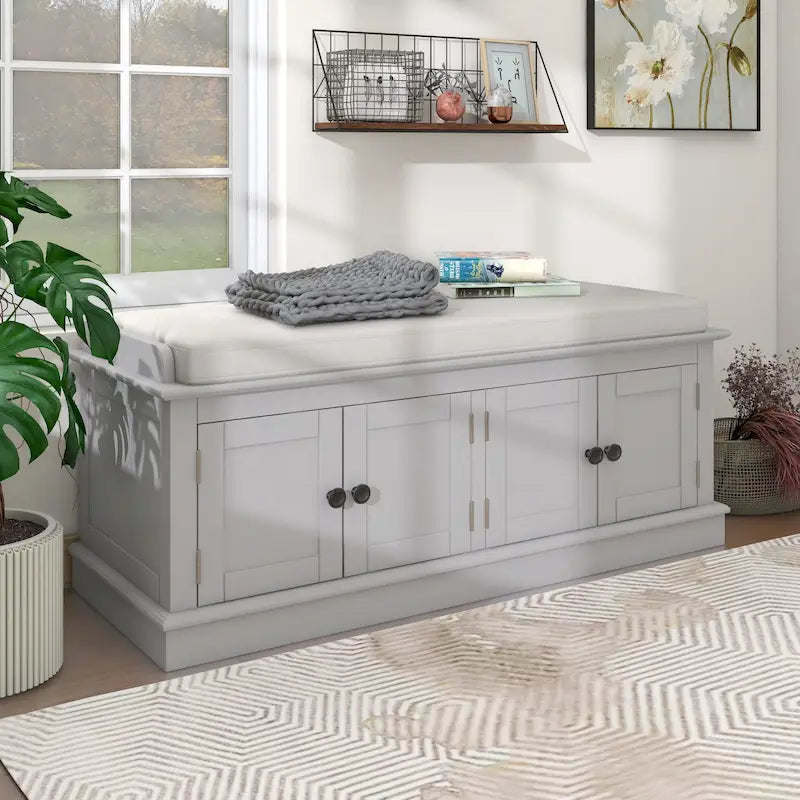 Banc de rangement, 4 portes magnétiques, étagères réglables, coussin en lin, style classique, blanc/espresso/bleu marine antique/gris délavé, 1 unité