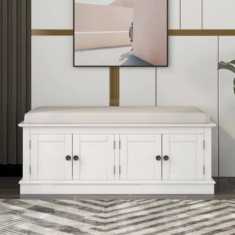 Banc de rangement, 4 portes magnétiques, étagères réglables, coussin en lin, style classique, blanc/espresso/bleu marine antique/gris délavé, 1 unité