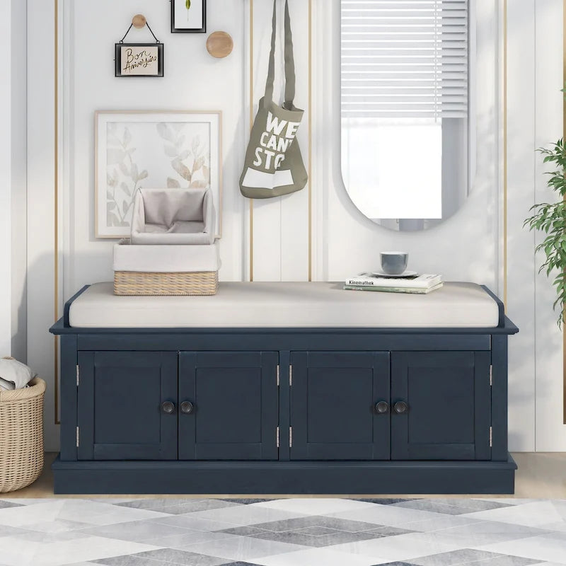 Banc de rangement, 4 portes magnétiques, étagères réglables, coussin en lin, style classique, blanc/espresso/bleu marine antique/gris délavé, 1 unité