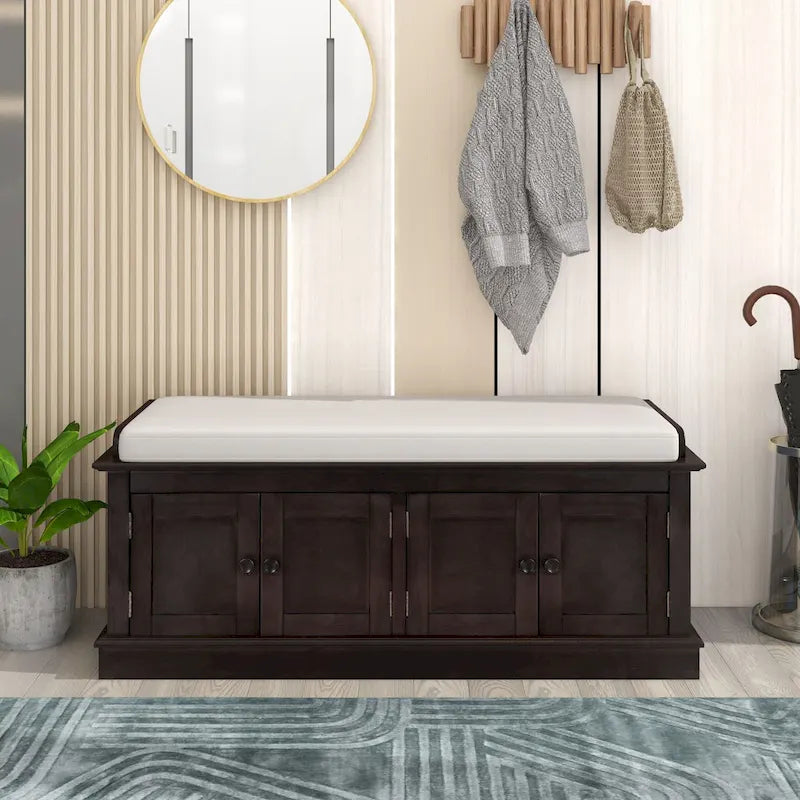Banc de rangement, 4 portes magnétiques, étagères réglables, coussin en lin, style classique, blanc/espresso/bleu marine antique/gris délavé, 1 unité