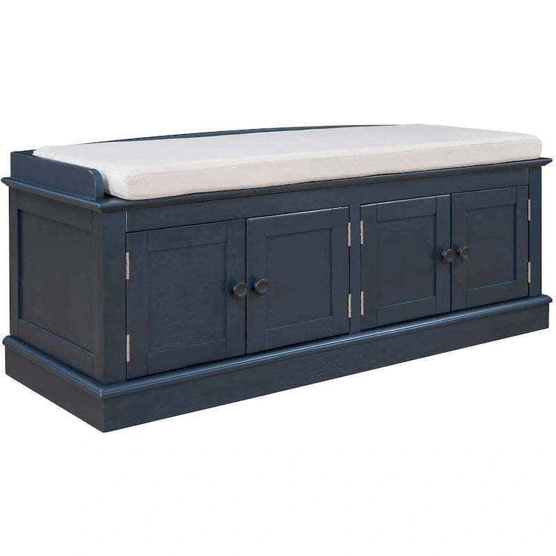 Banc de rangement, 4 portes magnétiques, étagères réglables, coussin en lin, style classique, blanc/espresso/bleu marine antique/gris délavé, 1 unité
