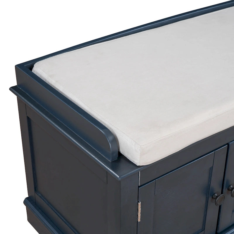 Banc de rangement, 4 portes magnétiques, étagères réglables, coussin en lin, style classique, blanc/espresso/bleu marine antique/gris délavé, 1 unité