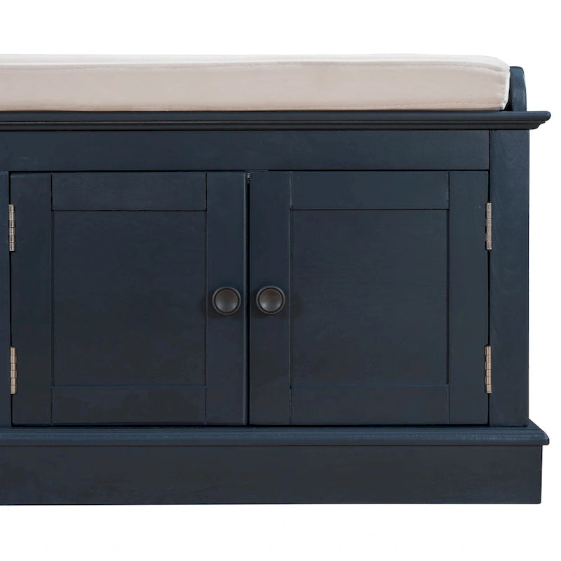 Banc de rangement, 4 portes magnétiques, étagères réglables, coussin en lin, style classique, blanc/espresso/bleu marine antique/gris délavé, 1 unité