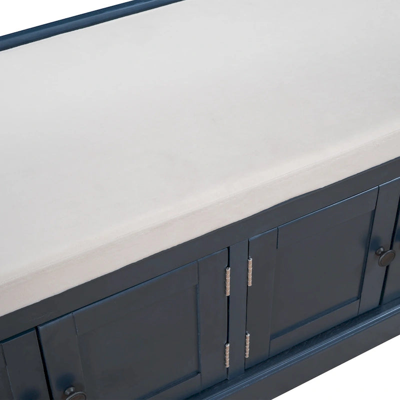 Banc de rangement, 4 portes magnétiques, étagères réglables, coussin en lin, style classique, blanc/espresso/bleu marine antique/gris délavé, 1 unité