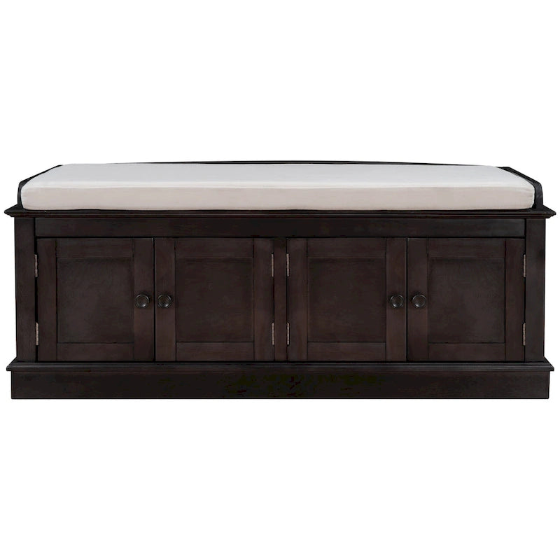 Banc de rangement, 4 portes magnétiques, étagères réglables, coussin en lin, style classique, blanc/espresso/bleu marine antique/gris délavé, 1 unité