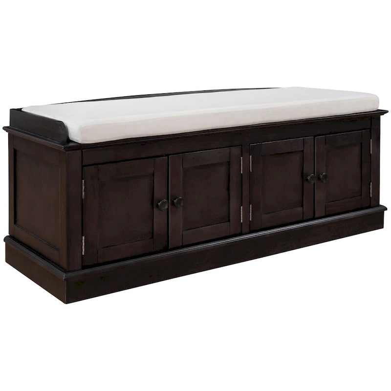 Banc de rangement, 4 portes magnétiques, étagères réglables, coussin en lin, style classique, blanc/espresso/bleu marine antique/gris délavé, 1 unité