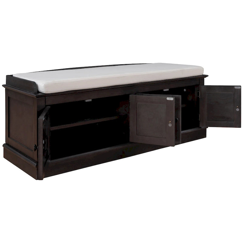 Banc de rangement, 4 portes magnétiques, étagères réglables, coussin en lin, style classique, blanc/espresso/bleu marine antique/gris délavé, 1 unité