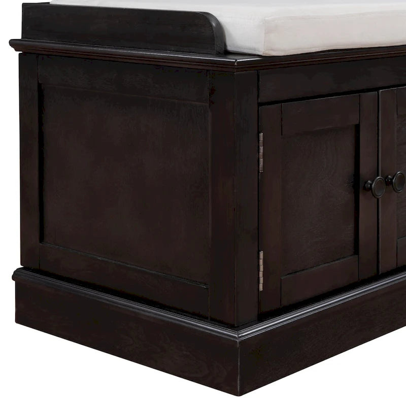 Banc de rangement, 4 portes magnétiques, étagères réglables, coussin en lin, style classique, blanc/espresso/bleu marine antique/gris délavé, 1 unité