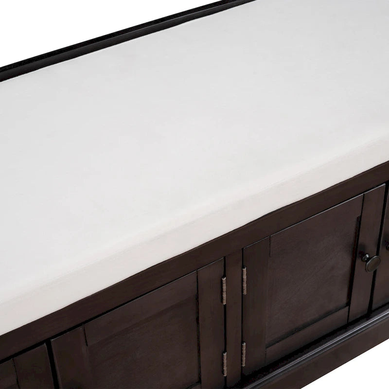 Banc de rangement, 4 portes magnétiques, étagères réglables, coussin en lin, style classique, blanc/espresso/bleu marine antique/gris délavé, 1 unité
