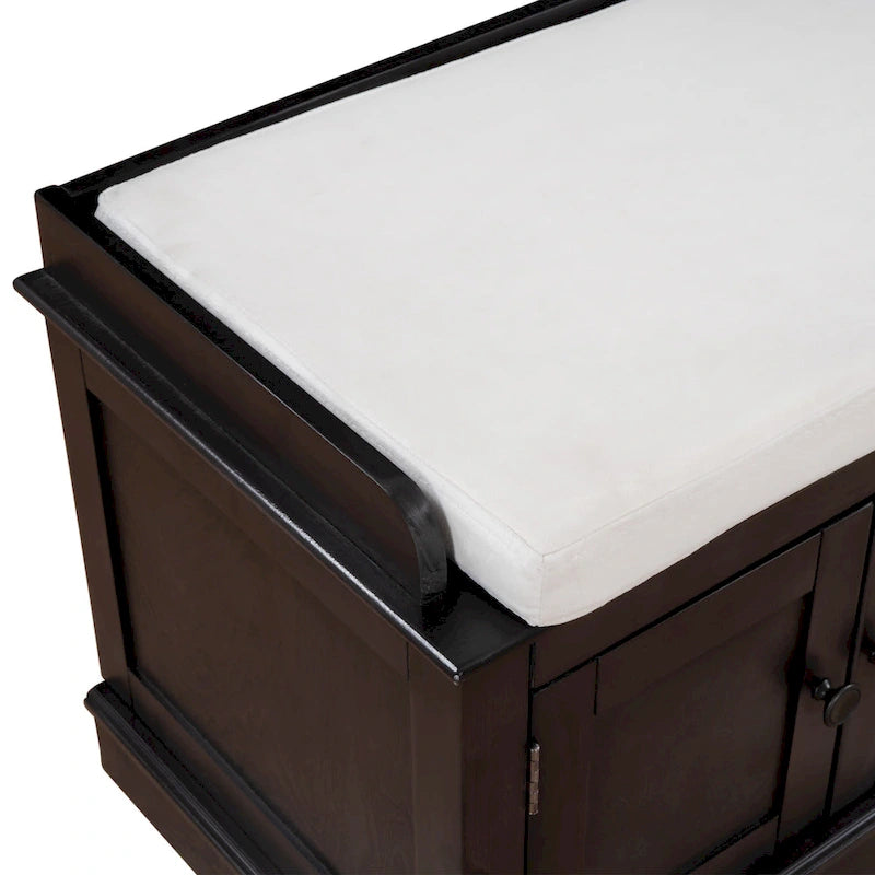 Banc de rangement, 4 portes magnétiques, étagères réglables, coussin en lin, style classique, blanc/espresso/bleu marine antique/gris délavé, 1 unité