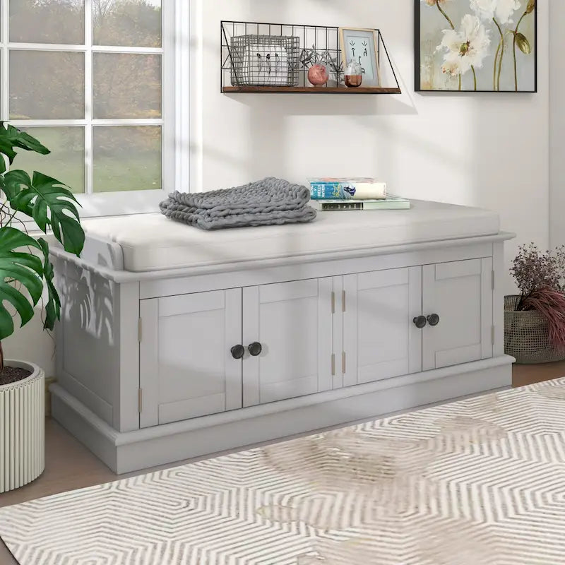 Banc de rangement, 4 portes magnétiques, étagères réglables, coussin en lin, style classique, blanc/espresso/bleu marine antique/gris délavé, 1 unité