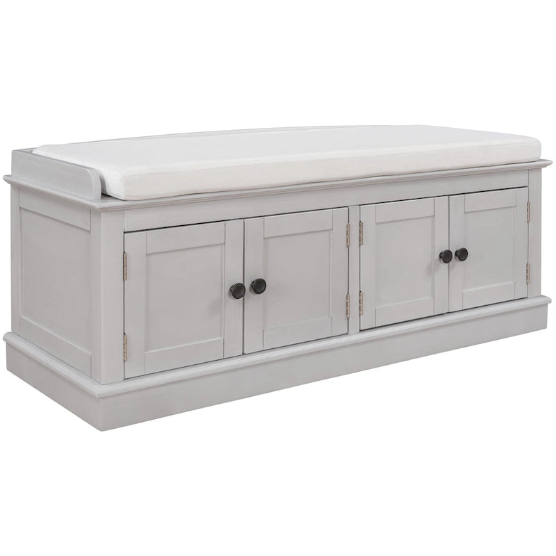 Banc de rangement, 4 portes magnétiques, étagères réglables, coussin en lin, style classique, blanc/espresso/bleu marine antique/gris délavé, 1 unité
