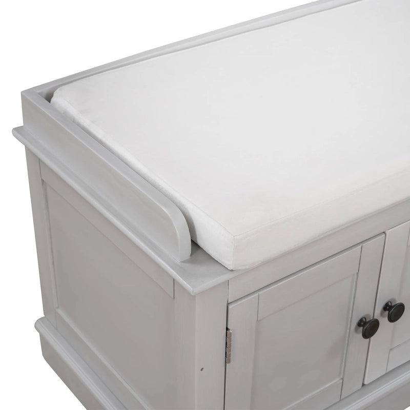 Banc de rangement, 4 portes magnétiques, étagères réglables, coussin en lin, style classique, blanc/espresso/bleu marine antique/gris délavé, 1 unité