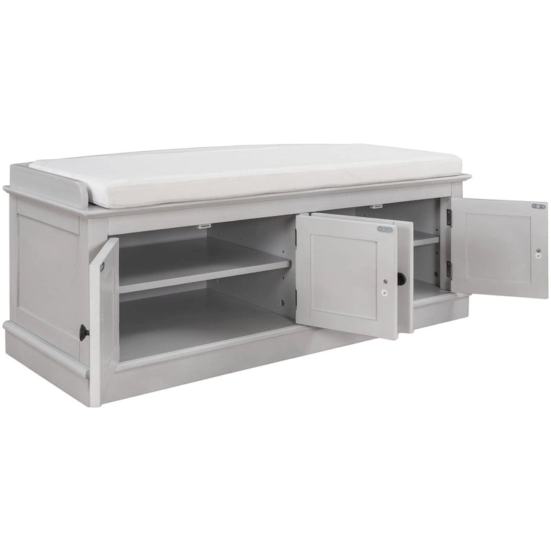 Banc de rangement, 4 portes magnétiques, étagères réglables, coussin en lin, style classique, blanc/espresso/bleu marine antique/gris délavé, 1 unité