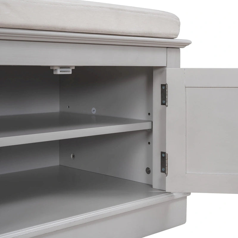 Banc de rangement, 4 portes magnétiques, étagères réglables, coussin en lin, style classique, blanc/espresso/bleu marine antique/gris délavé, 1 unité
