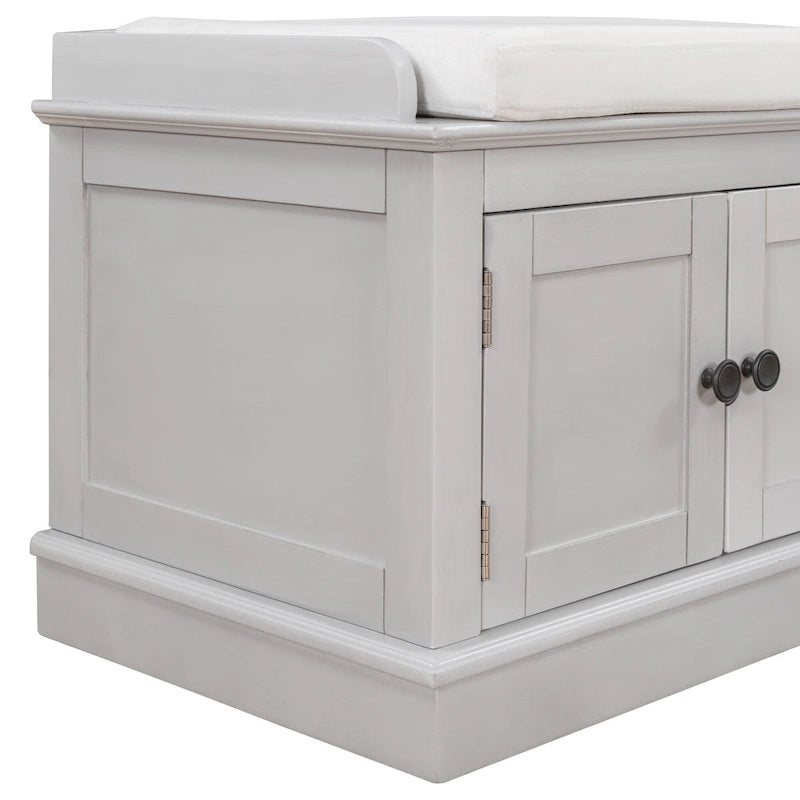 Banc de rangement, 4 portes magnétiques, étagères réglables, coussin en lin, style classique, blanc/espresso/bleu marine antique/gris délavé, 1 unité