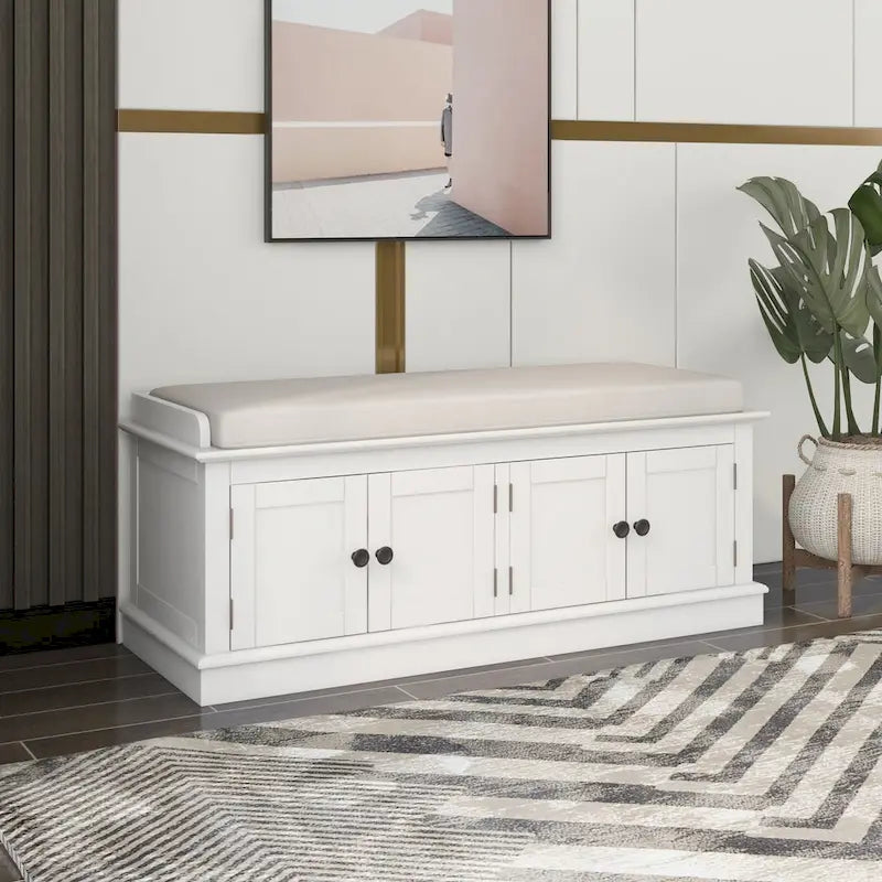 Banc de rangement, 4 portes magnétiques, étagères réglables, coussin en lin, style classique, blanc/espresso/bleu marine antique/gris délavé, 1 unité