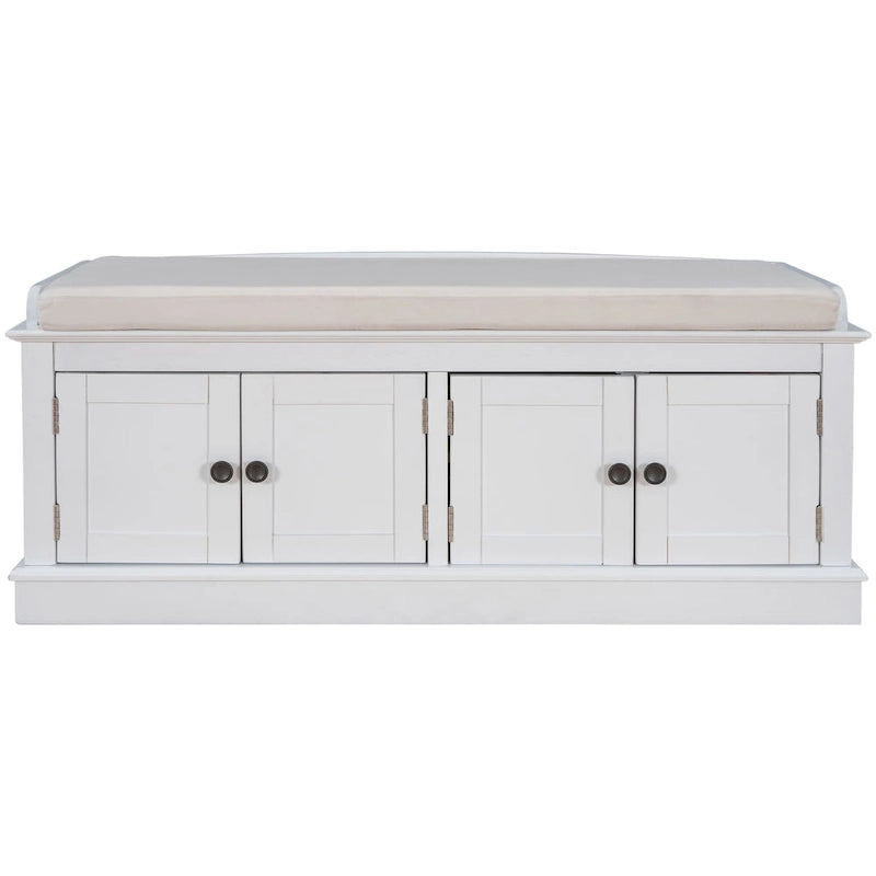 Banc de rangement, 4 portes magnétiques, étagères réglables, coussin en lin, style classique, blanc/espresso/bleu marine antique/gris délavé, 1 unité