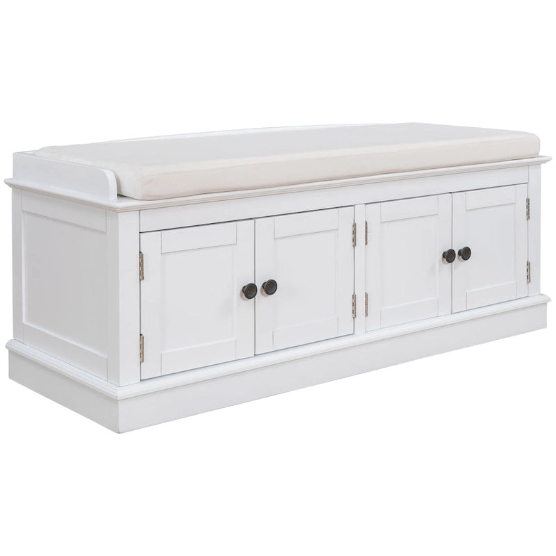 Banc de rangement, 4 portes magnétiques, étagères réglables, coussin en lin, style classique, blanc/espresso/bleu marine antique/gris délavé, 1 unité