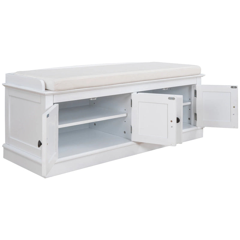Banc de rangement, 4 portes magnétiques, étagères réglables, coussin en lin, style classique, blanc/espresso/bleu marine antique/gris délavé, 1 unité
