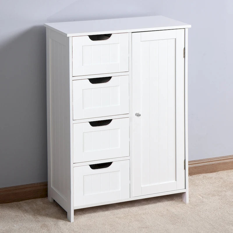Meuble de rangement bas, 4 tiroirs, 1 porte avec étagère réglable, finition brillante, style moderne, blanc, 1 unité