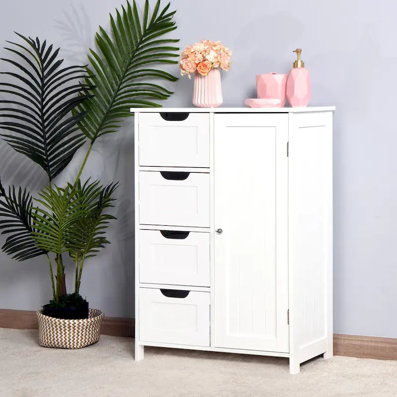 Meuble de rangement bas, 4 tiroirs, 1 porte avec étagère réglable, finition brillante, style moderne, blanc, 1 unité