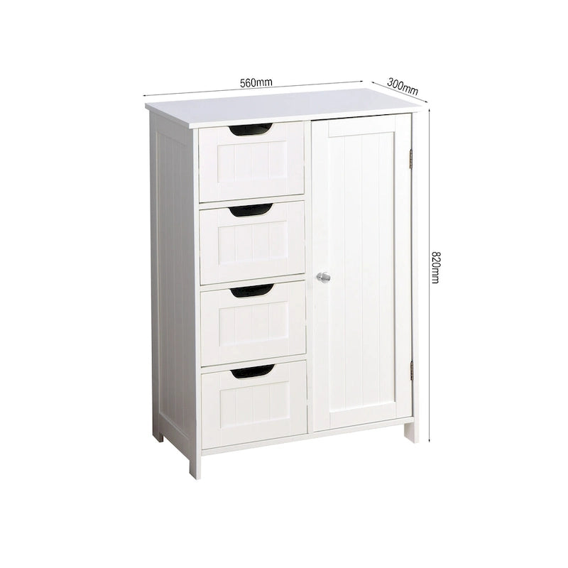 Meuble de rangement bas, 4 tiroirs, 1 porte avec étagère réglable, finition brillante, style moderne, blanc, 1 unité