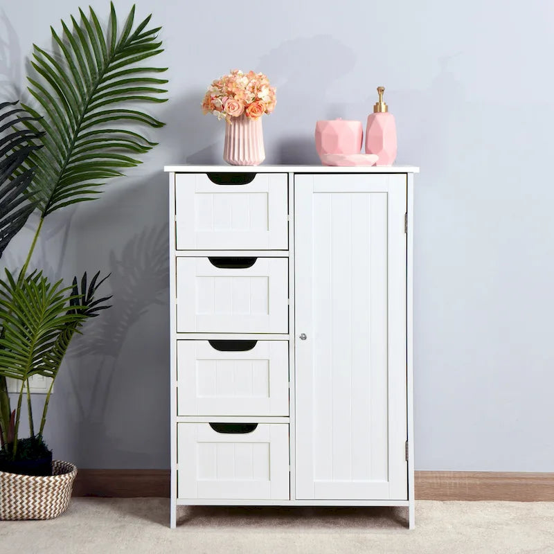 Meuble de rangement bas, 4 tiroirs, 1 porte avec étagère réglable, finition brillante, style moderne, blanc, 1 unité