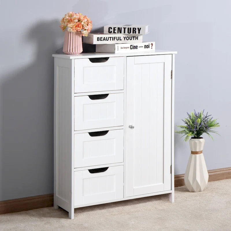 Meuble de rangement bas, 4 tiroirs, 1 porte avec étagère réglable, finition brillante, style moderne, blanc, 1 unité