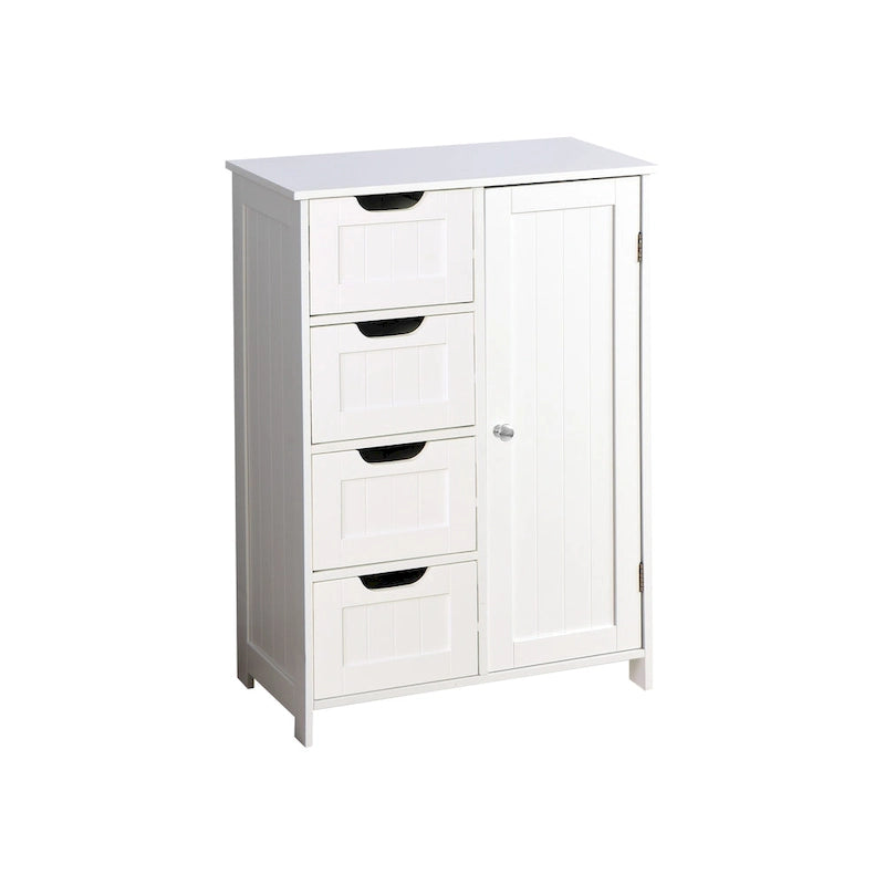 Meuble de rangement bas, 4 tiroirs, 1 porte avec étagère réglable, finition brillante, style moderne, blanc, 1 unité