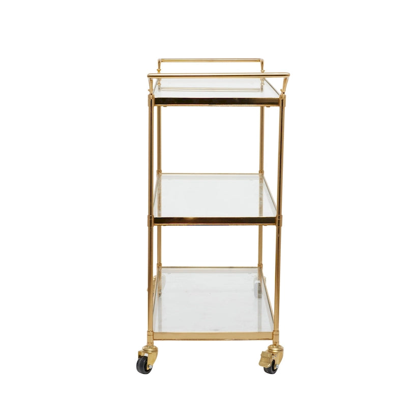 Chariot de bar à 3 niveaux, Étagères en verre, Cadre en métal, Roues verrouillables, Style traditionnel, Laiton, 1 Unité
