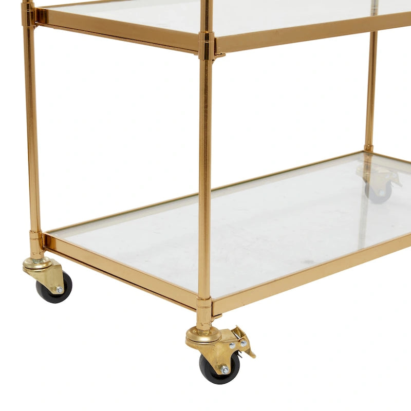 Chariot de bar à 3 niveaux, Étagères en verre, Cadre en métal, Roues verrouillables, Style traditionnel, Laiton, 1 Unité