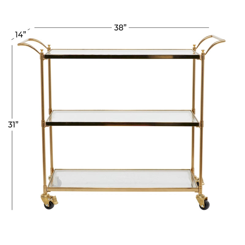 Chariot de bar à 3 niveaux, Étagères en verre, Cadre en métal, Roues verrouillables, Style traditionnel, Laiton, 1 Unité