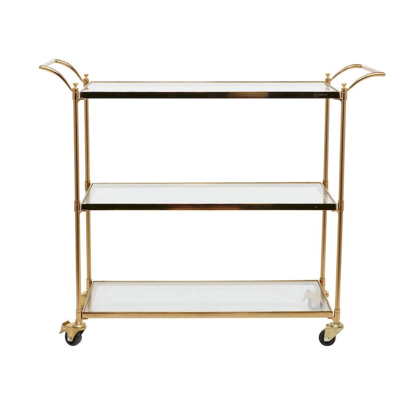 Chariot de bar à 3 niveaux, Étagères en verre, Cadre en métal, Roues verrouillables, Style traditionnel, Laiton, 1 Unité