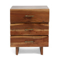 Table de chevet 3 tiroirs, Bois d'acacia fait main, Poignées en laiton antique, Style bohème, Naturel foncé, 1 Unité
