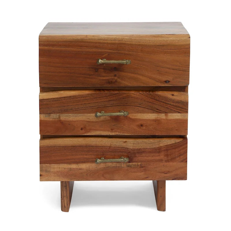 Table de chevet 3 tiroirs, Bois d'acacia fait main, Poignées en laiton antique, Style bohème, Naturel foncé, 1 Unité
