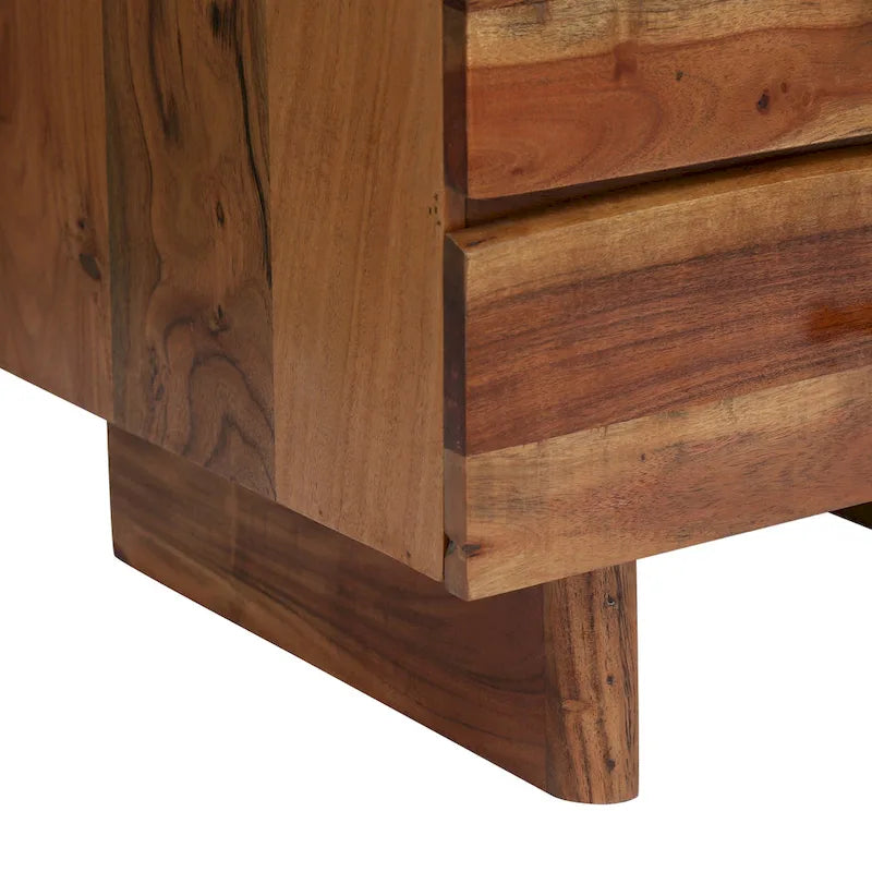 Table de chevet 3 tiroirs, Bois d'acacia fait main, Poignées en laiton antique, Style bohème, Naturel foncé, 1 Unité