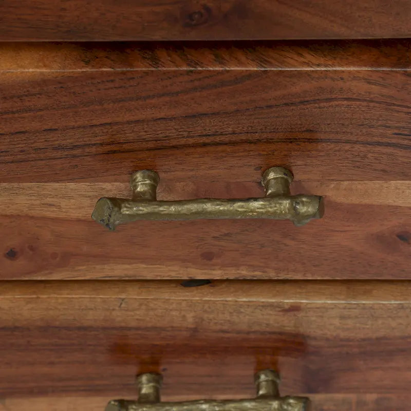 Table de chevet 3 tiroirs, Bois d'acacia fait main, Poignées en laiton antique, Style bohème, Naturel foncé, 1 Unité