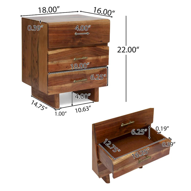 Table de chevet 3 tiroirs, Bois d'acacia fait main, Poignées en laiton antique, Style bohème, Naturel foncé, 1 Unité