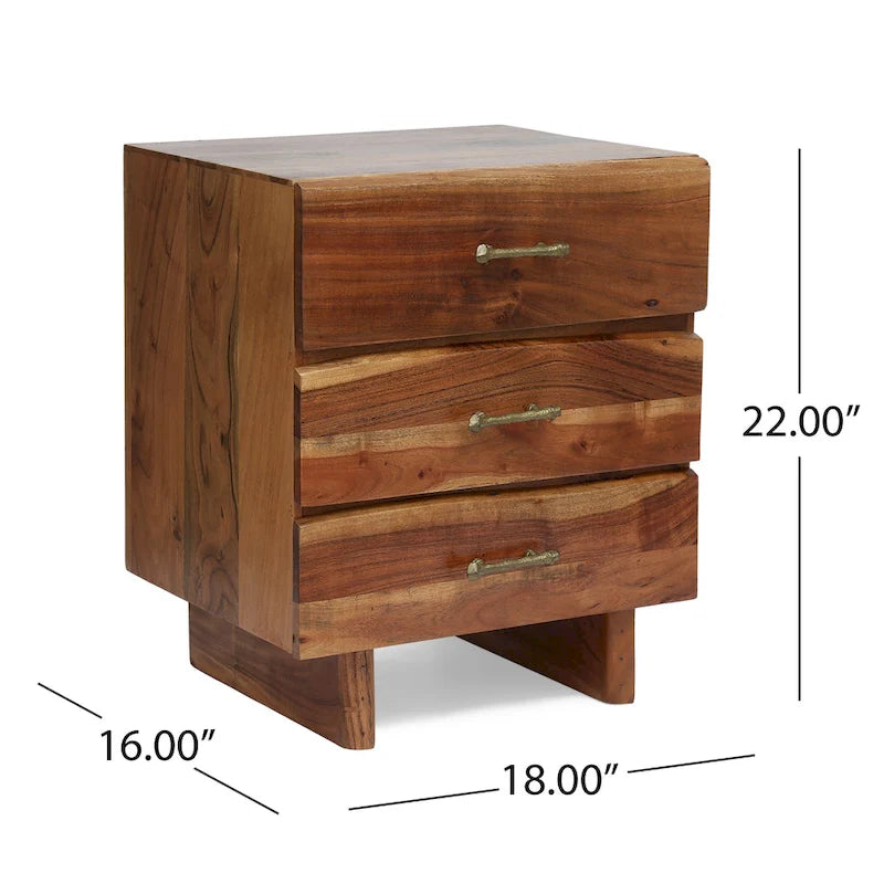 Table de chevet 3 tiroirs, Bois d'acacia fait main, Poignées en laiton antique, Style bohème, Naturel foncé, 1 Unité