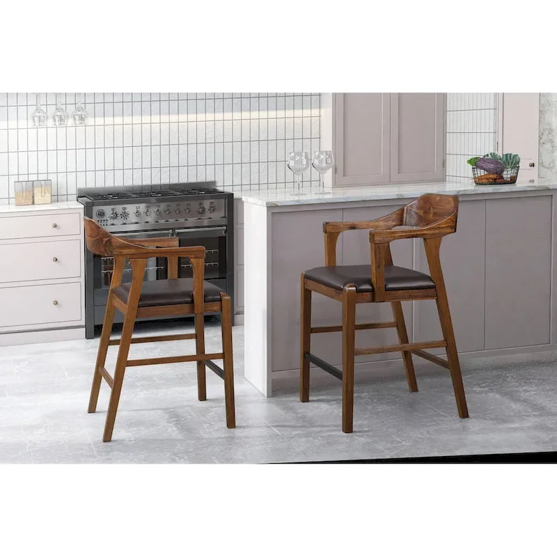 Tabouret de comptoir ou de bar en bois, siège en similicuir, pieds en bois d'hévéa, marron, 1 personne
