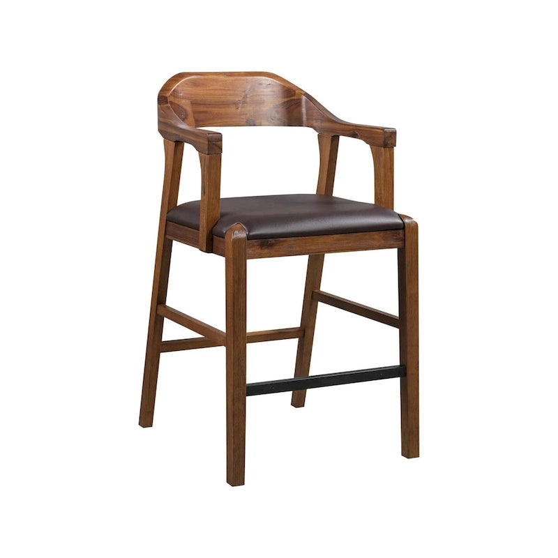 Tabouret de comptoir ou de bar en bois, siège en similicuir, pieds en bois d'hévéa, marron, 1 personne