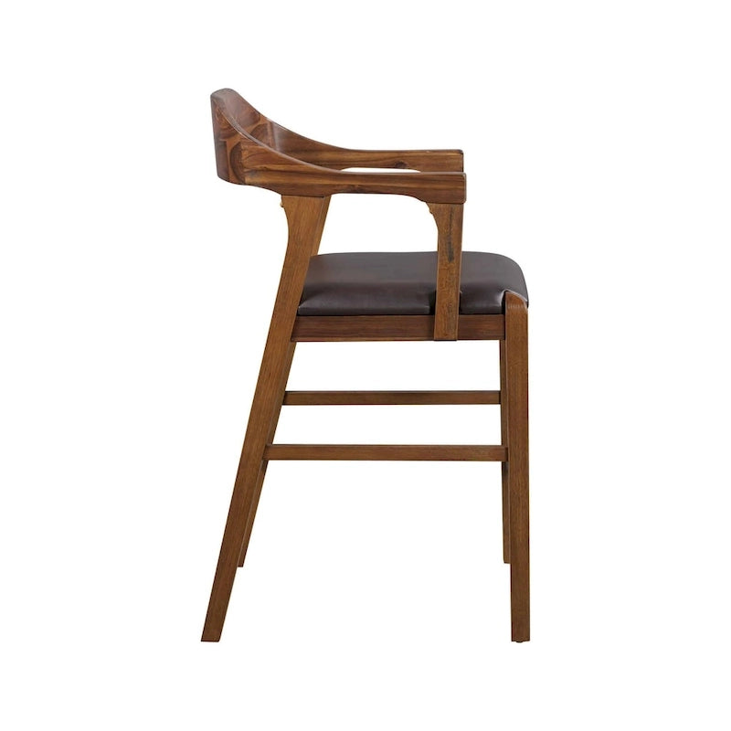 Tabouret de comptoir ou de bar en bois, siège en similicuir, pieds en bois d'hévéa, marron, 1 personne