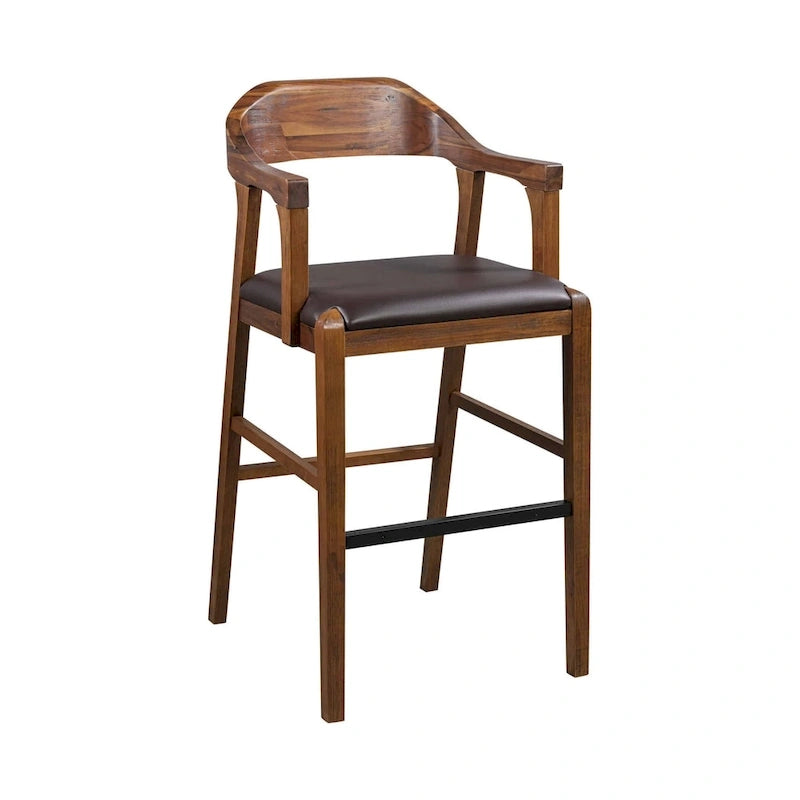 Tabouret de comptoir ou de bar en bois, siège en similicuir, pieds en bois d'hévéa, marron, 1 personne