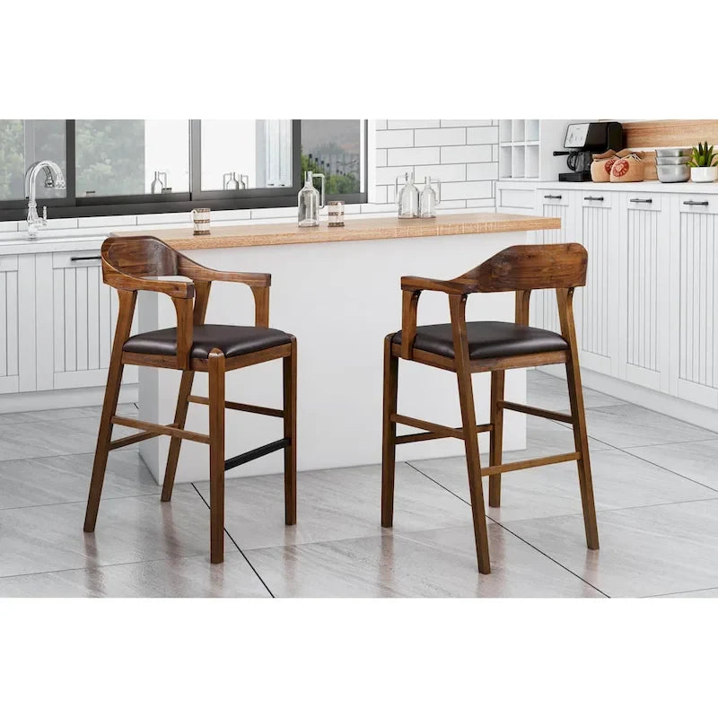 Tabouret de comptoir ou de bar en bois, siège en similicuir, pieds en bois d'hévéa, marron, 1 personne