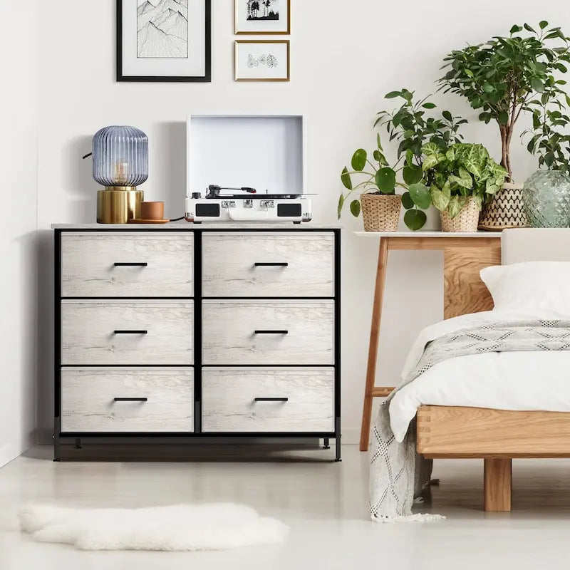 Commode en tissu à 6 tiroirs, cadre en acier, tiroirs pliables, style moderne, greige, 1 unité
