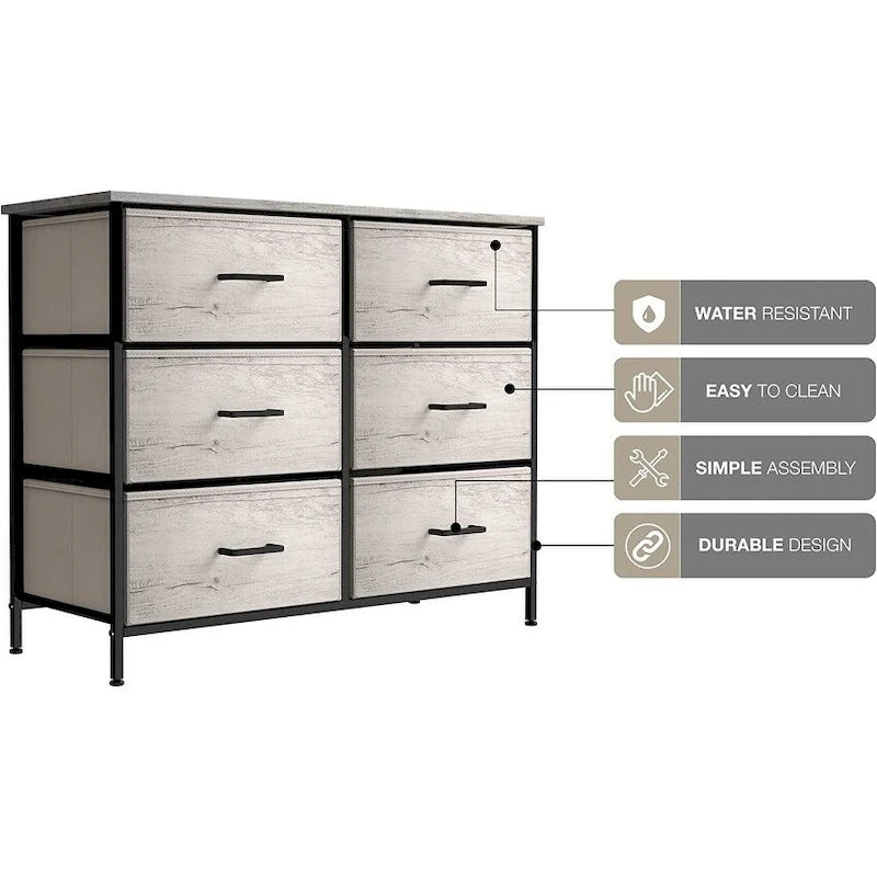 Commode en tissu à 6 tiroirs, cadre en acier, tiroirs pliables, style moderne, greige, 1 unité