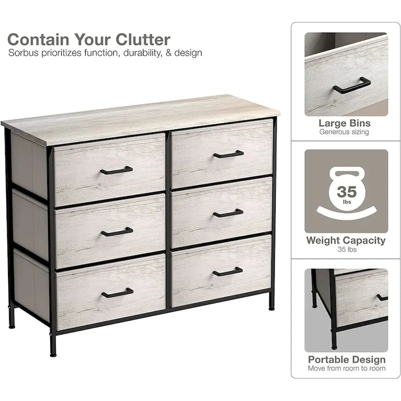 Commode en tissu à 6 tiroirs, cadre en acier, tiroirs pliables, style moderne, greige, 1 unité