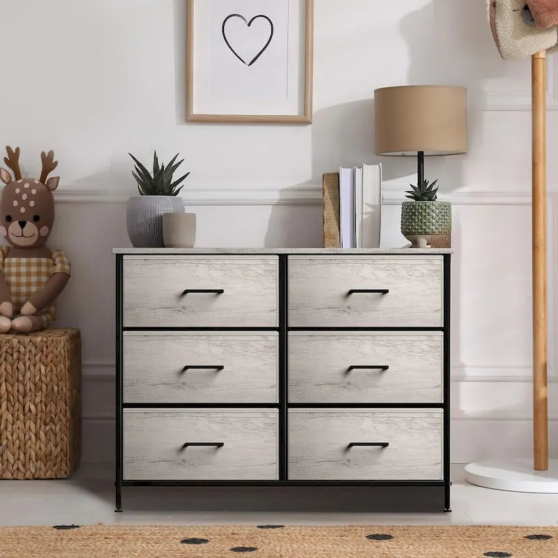 Commode en tissu à 6 tiroirs, cadre en acier, tiroirs pliables, style moderne, greige, 1 unité