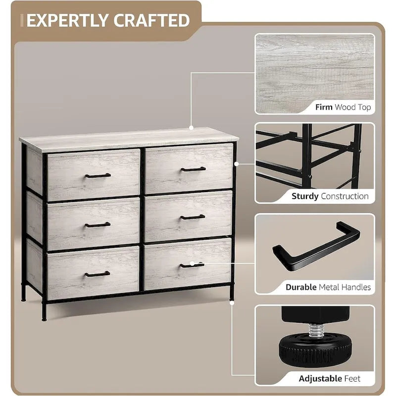 Commode en tissu à 6 tiroirs, cadre en acier, tiroirs pliables, style moderne, greige, 1 unité